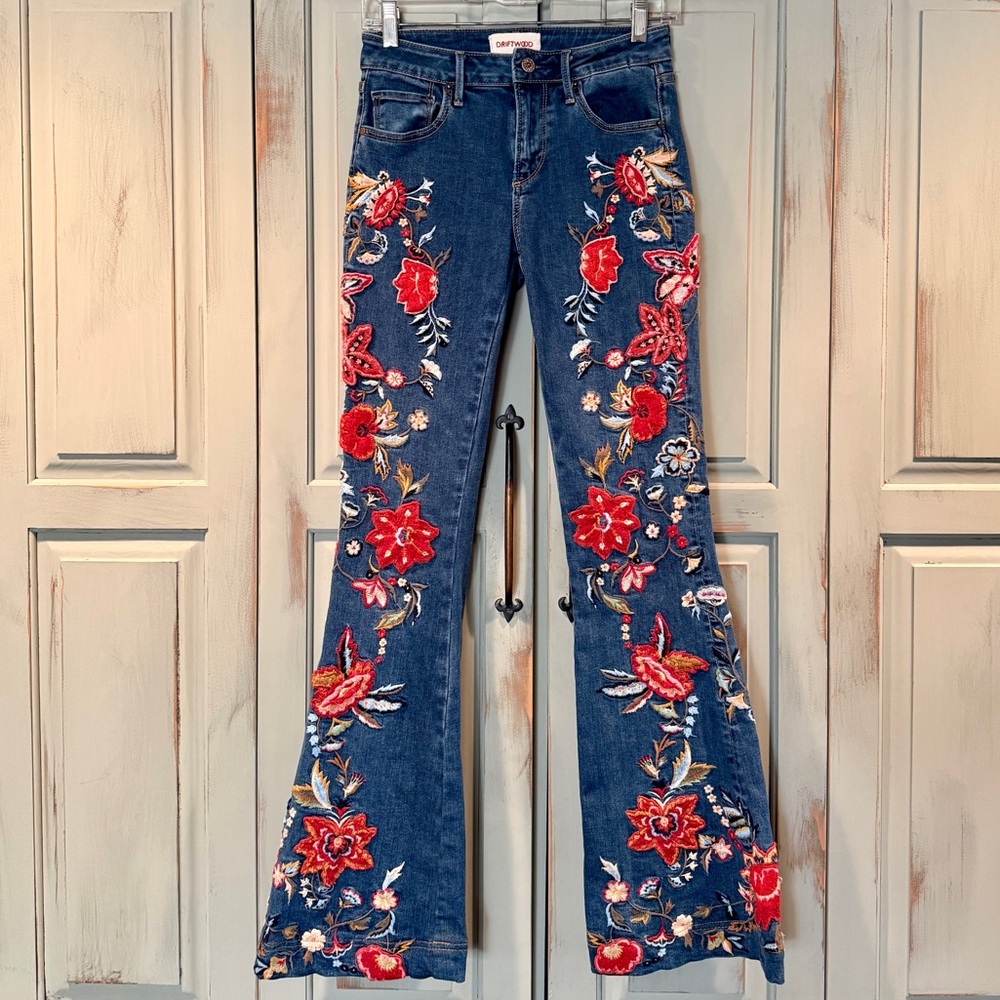 Driftwood Embroidered Floral Blue Jeans